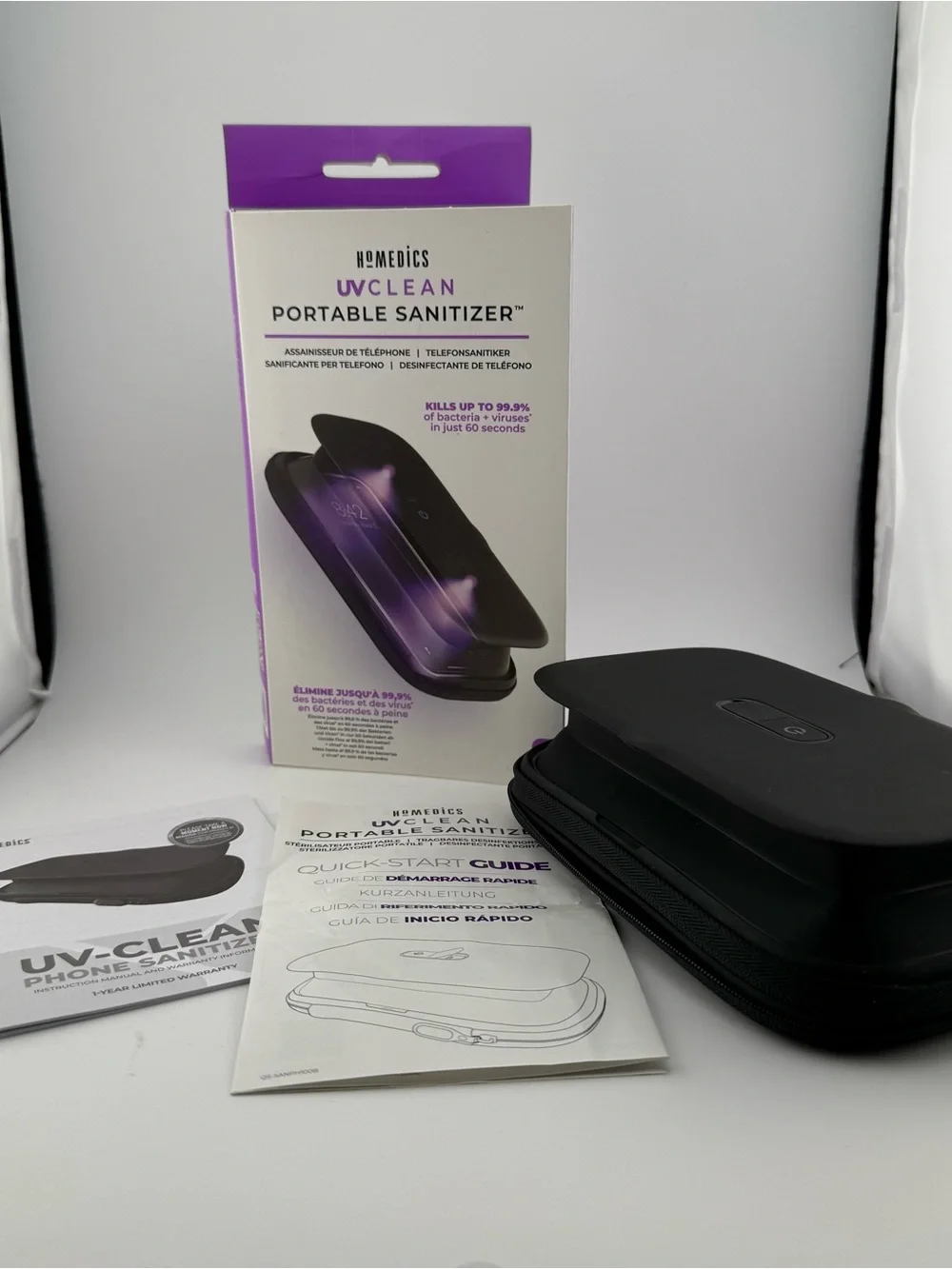 Homedics UVClean Portable Sanitizer Case in Black with Purple Box Accent